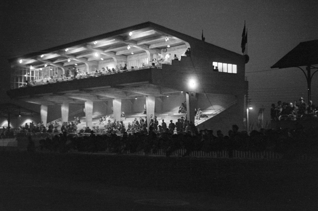 A grandstand at night